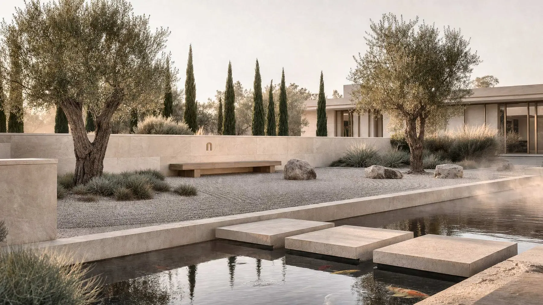 A still-water garden with stepping stones, olive trees and a low stone building